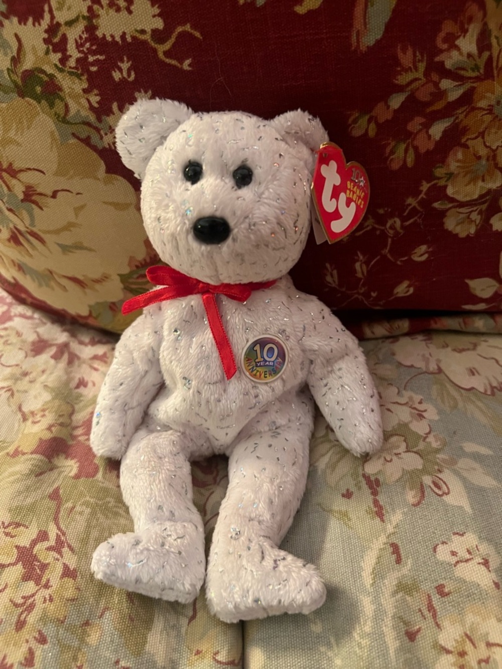 Ty White Sparkle Bear with Red Ribbon and 10th Anniversary Button